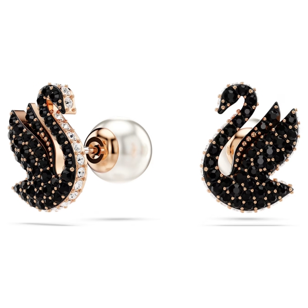 Kolczyki sztyftowe Swarovski Swan, Czarne, Powłoka w odcieniu różowego złota