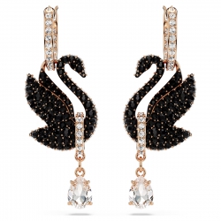 Długie kolczyki Swarovski Swan, Czarne, Powłoka w odcieniu różowego złota